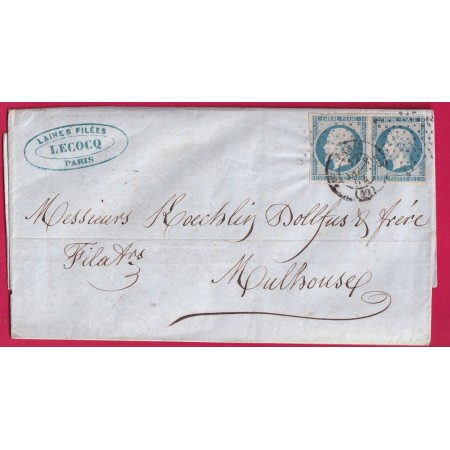 N°14 BLEU LAITEUX PARIS 1ER 60 15 POUR MULHOUSE RARE LETTRE COVER