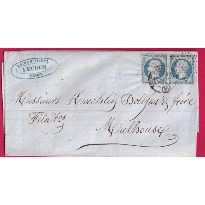 N°14 BLEU LAITEUX PARIS 1ER 60 15 POUR MULHOUSE RARE LETTRE COVER