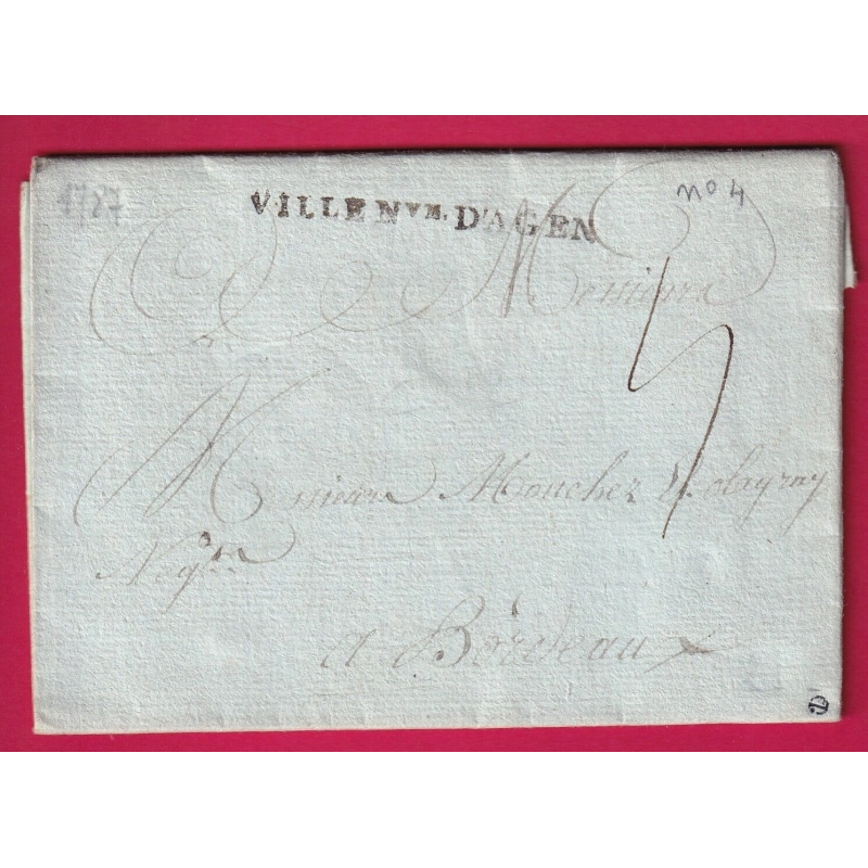 MARQUE VILLENEUVE D'AGEN LOT ET GARONNE 1787 LENAIN N°4 INDICE 10 POUR BORDEAUX LETTRE COVER
