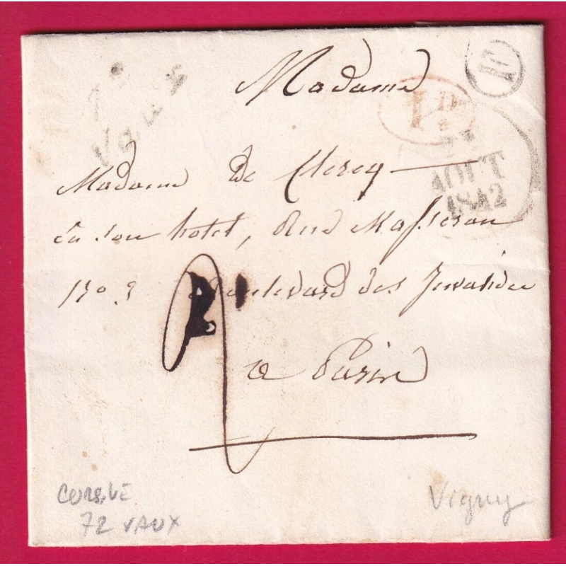 CURSIVE 72 VAUX SEINE ET OISE 1842 BOITE RURALE F VIGNY DECIME RURAL POUR PARIS LETTRE COVER
