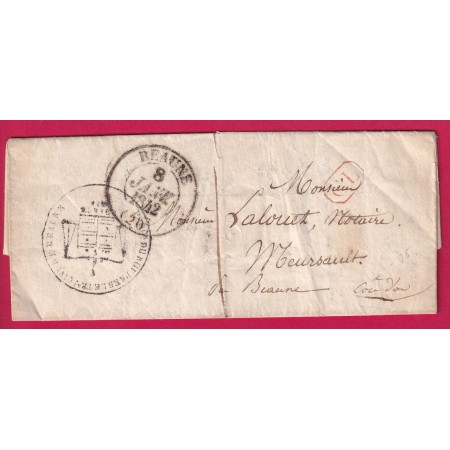 CAD TYPE 13 BEAUNE COTE D'OR CACHET PROCUREUR DU ROI TAXE LOCALE 1 + CL ROUGE POUR MEURSAULT 1842 LETTRE COVER