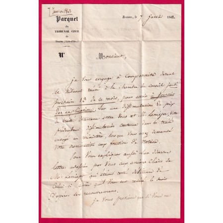 CAD TYPE 13 BEAUNE COTE D'OR CACHET PROCUREUR DU ROI TAXE LOCALE 1 + CL ROUGE POUR MEURSAULT 1842 LETTRE COVER