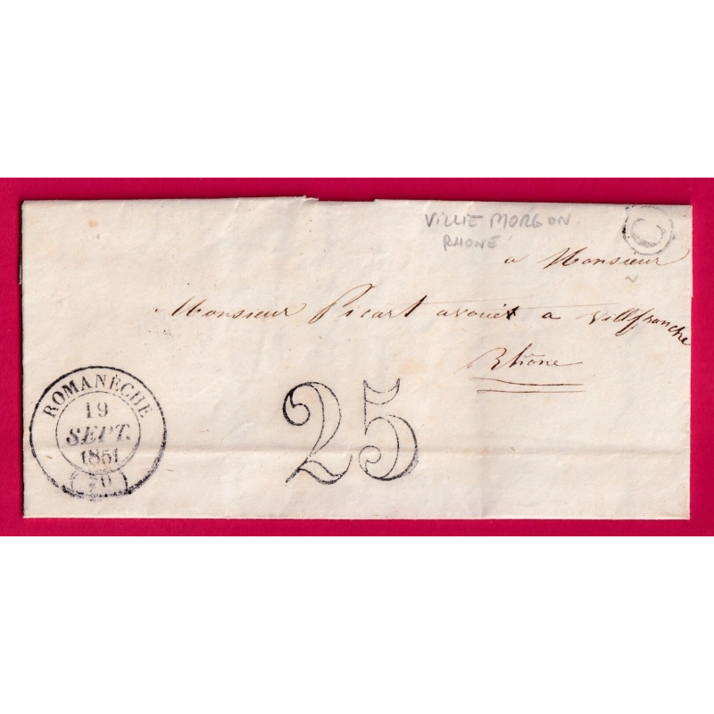 CAD TYPE 14 ROMANECHE SAONE ET LOIRE BOITE RURALE C VILLIE MORGON RHONE 1851 POUR VILLEFRANCHE SUR SAONE LETTRE COVER