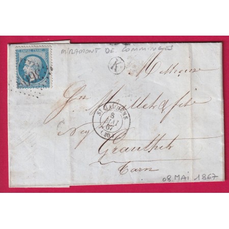 N°22 GC 3608 ST GAUDENS HAUTE GARONNE BOITE RURALE K MIRAMONT DE COMMINGUES POUR GRAULHET TARN 1867 LETTRE COVER