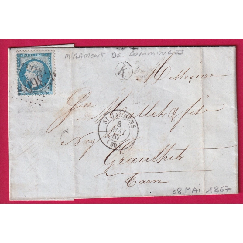 N°22 GC 3608 ST GAUDENS HAUTE GARONNE BOITE RURALE K MIRAMONT DE COMMINGUES POUR GRAULHET TARN 1867 LETTRE COVER
