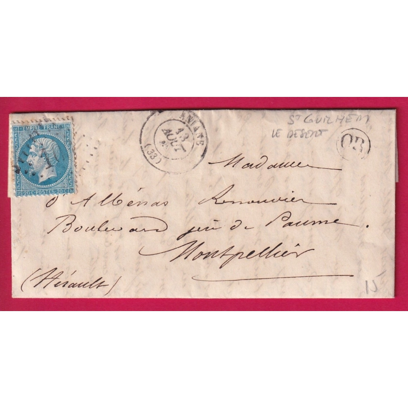 N°22 GC 106 ANIANE HERAULT OR ST GUILHEM LE DESERT POUR MONTPELLIER LETTRE COVER