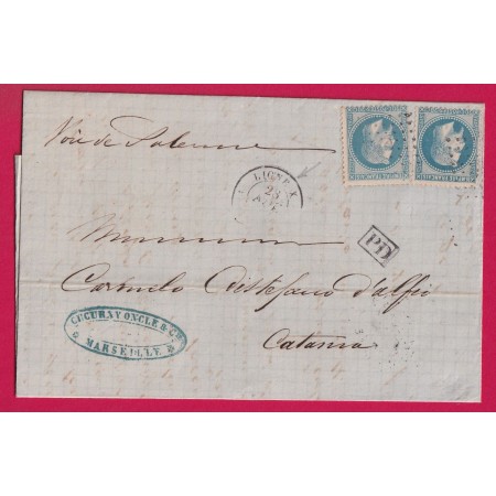 N°29 X2 OBLITERATION ANCRE MARITIME LIGNE X MARSEILLE POUR CATANE CATANA ITALIE ITALIA SICILIA VIA PALERMO LETTRE COVER