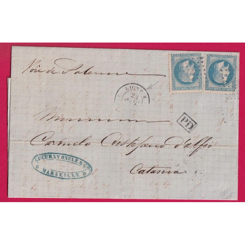 N°29 X2 OBLITERATION ANCRE MARITIME LIGNE X MARSEILLE POUR CATANE CATANA ITALIE ITALIA SICILIA VIA PALERMO LETTRE COVER