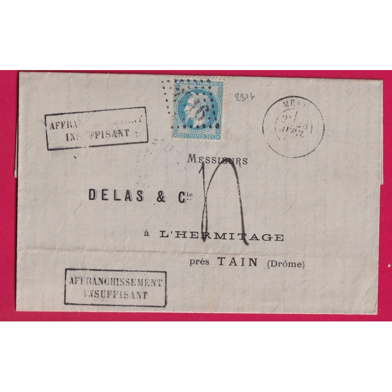 N°29 GC 2316 MENTON ALPES MARITIMES TAXE TAMPON 4 AFFRANC INSUFF POUR TAIN DROME LETTRE COVER