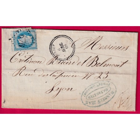 N°29 GC 676 BURZET ARDECHE CAD TYPE 22 ¨POUR LYON RHONE 1869 LETTRE COVER