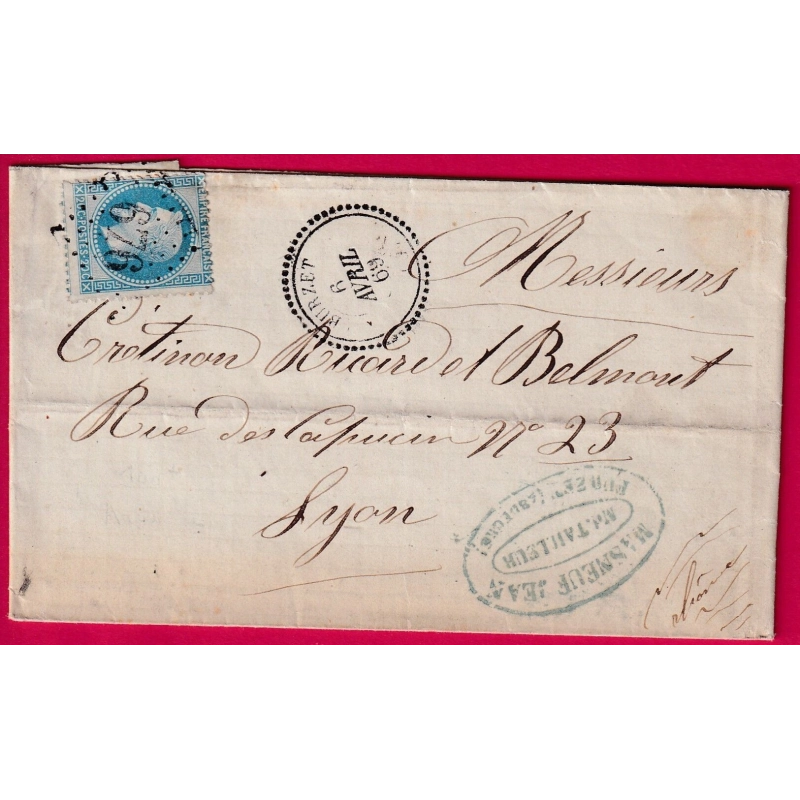 N°29 GC 676 BURZET ARDECHE CAD TYPE 22 ¨POUR LYON RHONE 1869 LETTRE COVER