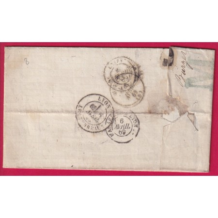 N°29 GC 676 BURZET ARDECHE CAD TYPE 22 ¨POUR LYON RHONE 1869 LETTRE COVER