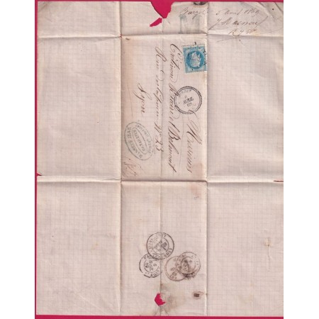 N°29 GC 676 BURZET ARDECHE CAD TYPE 22 ¨POUR LYON RHONE 1869 LETTRE COVER