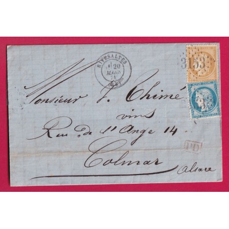 N°59 60 GC 3153 RIVESALTES PYRENES ORIENTALES POUR COLMAR ALSACE LORRAINE ALLEMAGNE LETTRE COVER ETIQUETTE PUB