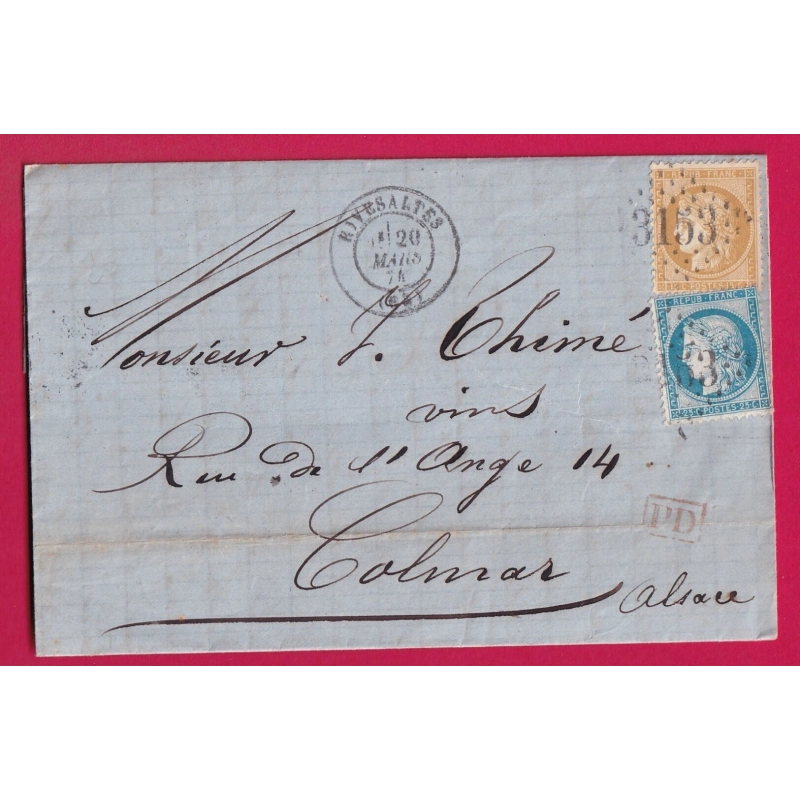 N°59 60 GC 3153 RIVESALTES PYRENES ORIENTALES POUR COLMAR ALSACE LORRAINE ALLEMAGNE LETTRE COVER ETIQUETTE PUB