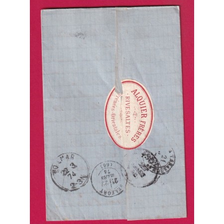 N°59 60 GC 3153 RIVESALTES PYRENES ORIENTALES POUR COLMAR ALSACE LORRAINE ALLEMAGNE LETTRE COVER ETIQUETTE PUB