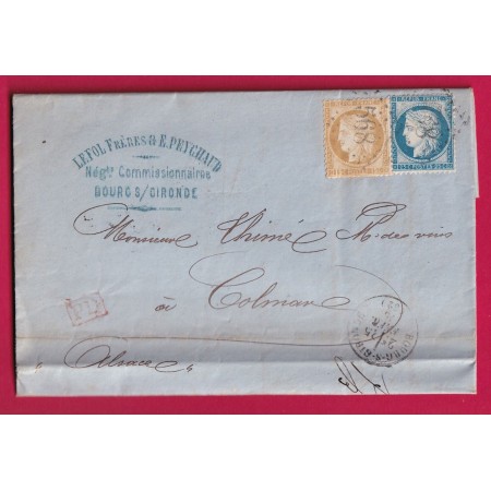 N°55 60 GC 568 BOURG SUR GIRONDE POUR COLMAR ALSACE LORRAINE ALLEMAGNE LETTRE COVER