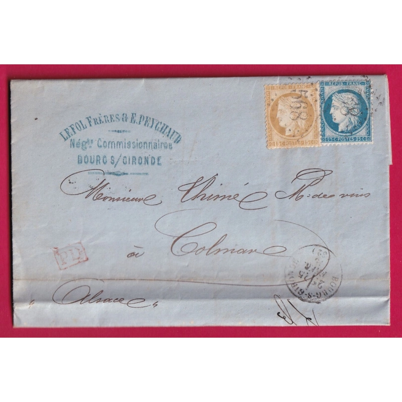 N°55 60 GC 568 BOURG SUR GIRONDE POUR COLMAR ALSACE LORRAINE ALLEMAGNE LETTRE COVER