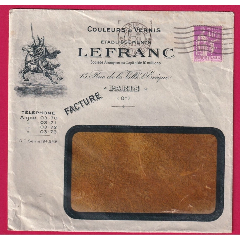 N°281 PERFORE LF LEFRANC ENVELOPPE A FENETRE ILLUSTREE  PARIS 1934 LETTRE COVER
