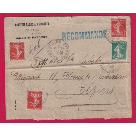 N°137 138 X3 PERFORE COMPTOIR ESCOMTE BAYONNE BASSES ALPES RECOMMANDE BEZIERS HERAULT 1907 LETTRE COVER