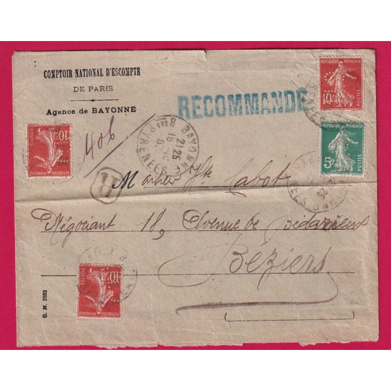 N°137 138 X3 PERFORE COMPTOIR ESCOMTE BAYONNE BASSES ALPES RECOMMANDE BEZIERS HERAULT 1907 LETTRE COVER