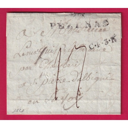 MARQUE 33 PEZENAS HERAULT POUR ST PIERRE D'ALBIGNY SAVOIE ETAT SARDE 1820 MARQUE CF3R TAXE 17 LETTRE COVER