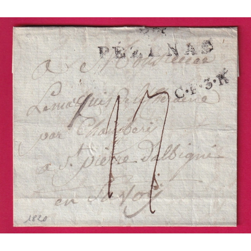 MARQUE 33 PEZENAS HERAULT POUR ST PIERRE D'ALBIGNY SAVOIE ETAT SARDE 1820 MARQUE CF3R TAXE 17 LETTRE COVER