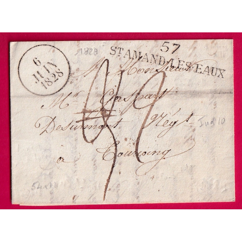 MARQUE 57 ST AMAND LES EAUX NORD 1828 POUR TOURCOING TAXE 3 RECTIFIEE 2 INDICE 10 LETTRE COVER