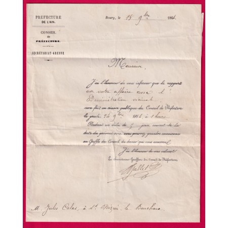 FRANCHISE PREFET DE L' AIN 1864 POUR ST NIZIER LE BOUCHOUX LETTRE COVER
