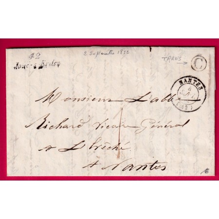 CURSIVE 42 JOUE SUR ERDRE LOIRE INFERIEURE BOITE RURALE C TRANS TAXE LOCALE 1 POUR NANTES INDICE 16 LETTRE COVER