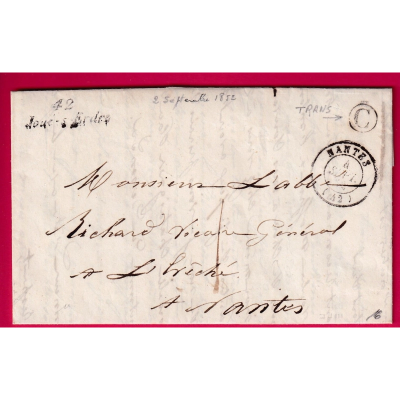 CURSIVE 42 JOUE SUR ERDRE LOIRE INFERIEURE BOITE RURALE C TRANS TAXE LOCALE 1 POUR NANTES INDICE 16 LETTRE COVER