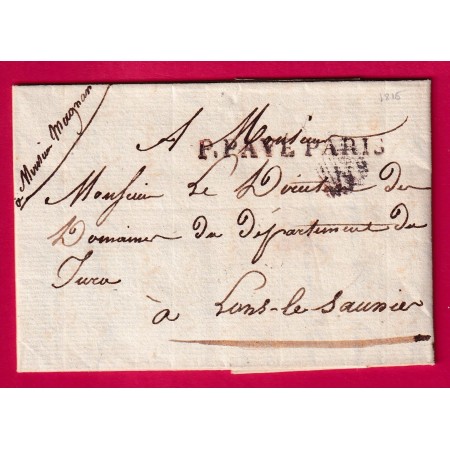 MARQUE PORT PAYE PARIS  POUR LONS LE SAULNIER JURA 1816 LETTRE COVER