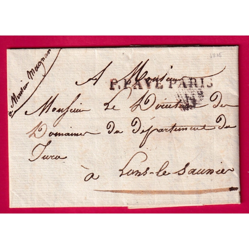MARQUE PORT PAYE PARIS  POUR LONS LE SAULNIER JURA 1816 LETTRE COVER