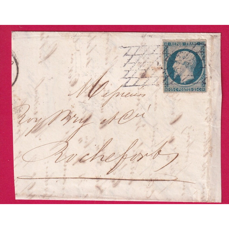 N°10 OBLITERATION GRILLE SANS FIN SUR FRAGMENT POUR ROCHEFORT COTE DETACHE 200€ LETTRE COVER