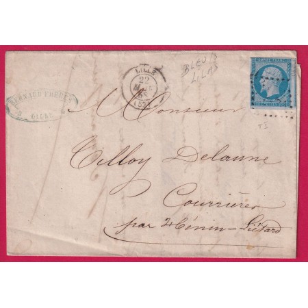 N°14Ae BLEU SUR LILAS PC 1727 LILLE NORD POUR HENIN LIETARD 1858 LETTRE COVER