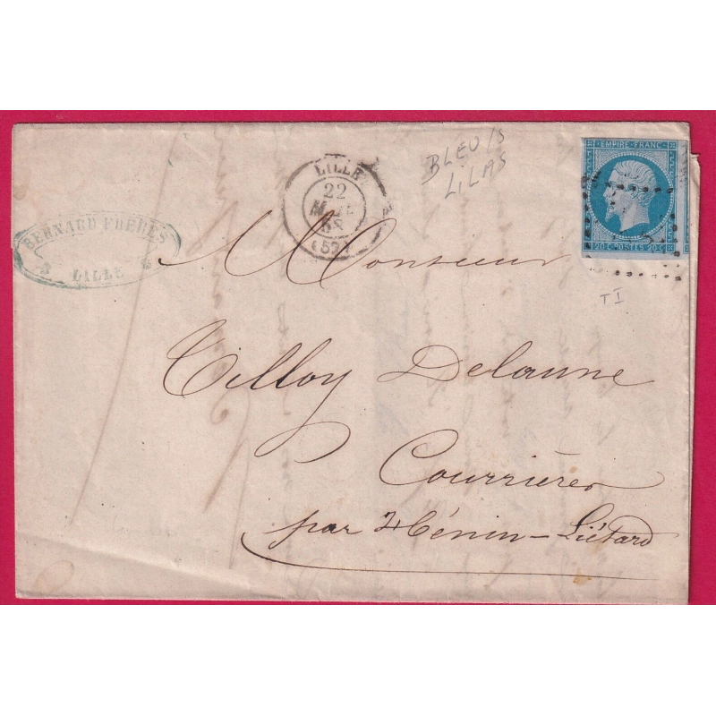 N°14Ae BLEU SUR LILAS PC 1727 LILLE NORD POUR HENIN LIETARD 1858 LETTRE COVER