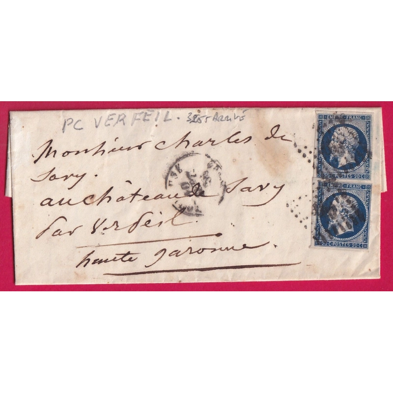 N°14 BLEU NOIR PC 3255 VERFEIL EN ARRIVE DEPART TOULOUSE HAUTE GARONNE LETTRE COVER