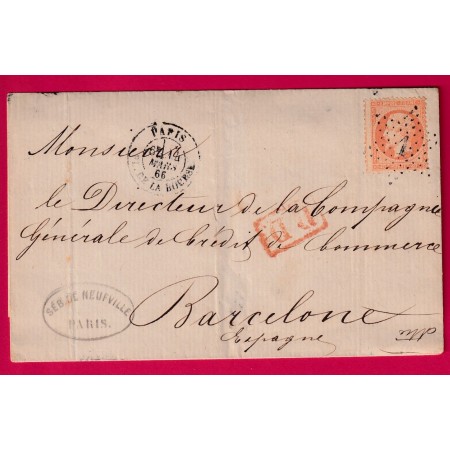 N°23 VARIETE PIQUAGE A CHEVAL PARIS ETOILE 1 POUR BARCELONE ESPAGNE SPAIN 1866 LETTRE COVER