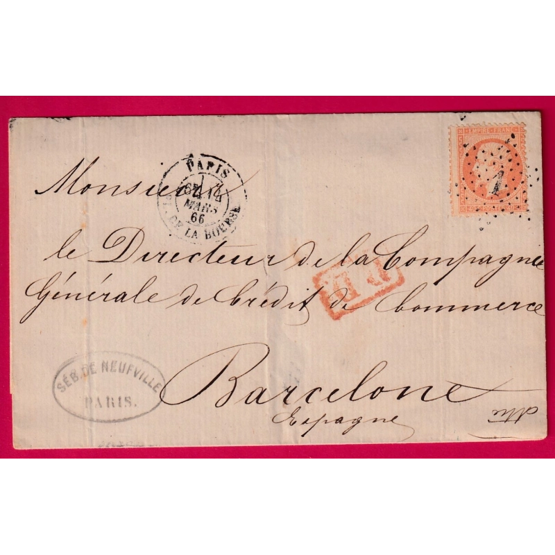 N°23 VARIETE PIQUAGE A CHEVAL PARIS ETOILE 1 POUR BARCELONE ESPAGNE SPAIN 1866 LETTRE COVER