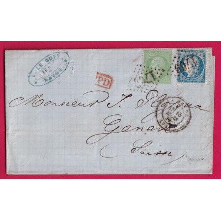 N°35 + 60 GC 1769 LE HAVRE SEINE INFERIEURE TARIF A 30C POUR GENEVE SUISSE LETTRE COVER