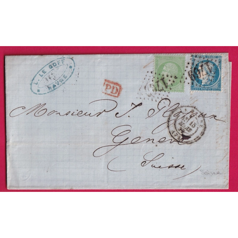 N°35 + 60 GC 1769 LE HAVRE SEINE INFERIEURE TARIF A 30C POUR GENEVE SUISSE LETTRE COVER