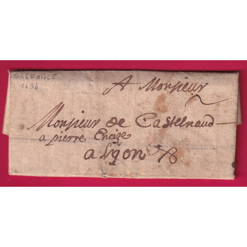 LETTRE DE GRENOBLE ISERE 1696 POUR LYON PRISON PIERRE CHAIZE + CROQUIS DANS TEXTE LETTRE COVER
