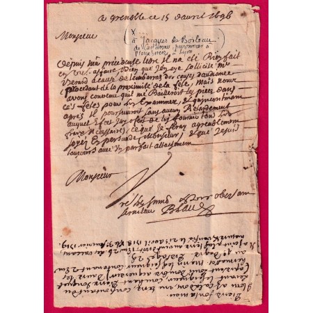 LETTRE DE GRENOBLE ISERE 1696 POUR LYON PRISON PIERRE CHAIZE + CROQUIS DANS TEXTE LETTRE COVER