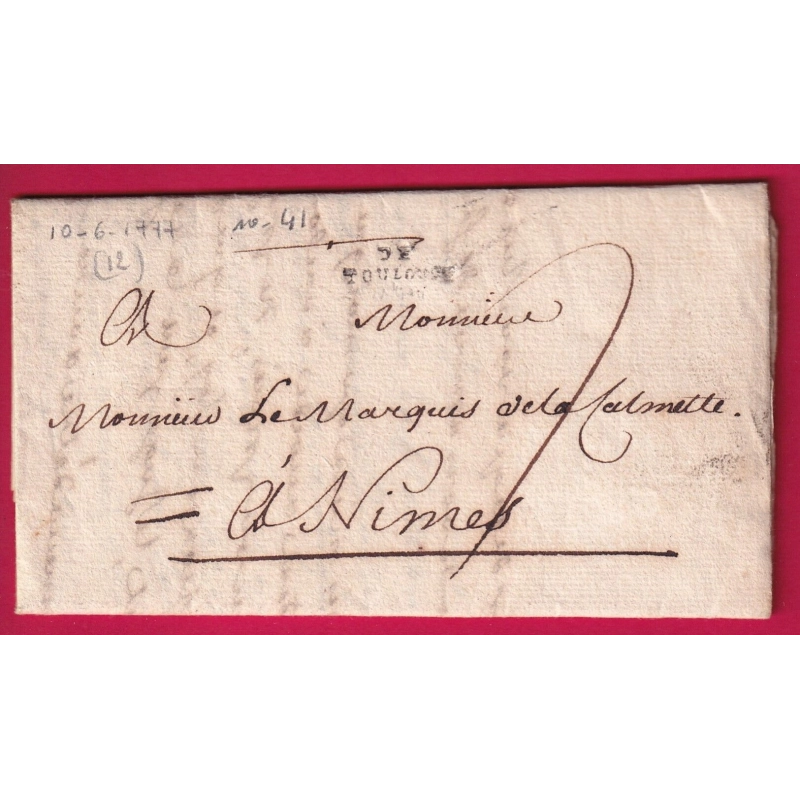 MARQUE DE TOULOUSE HAUTE GARONNE LENAIN N°41 1777 INDICE 12 POUR NIMES GARD LETTRE COVER