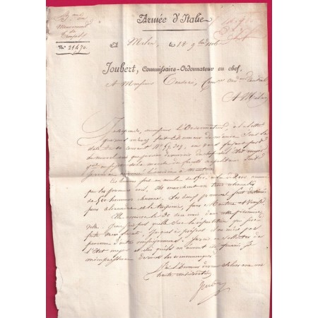 FRANCHISE COMMISSAIRE ORDONNATEUR EN CHEF JOUBERT ARMEE ITALIE MILAN MILANO 1806 MOUVEMENT DES TROUPES ITALIA LETTRE