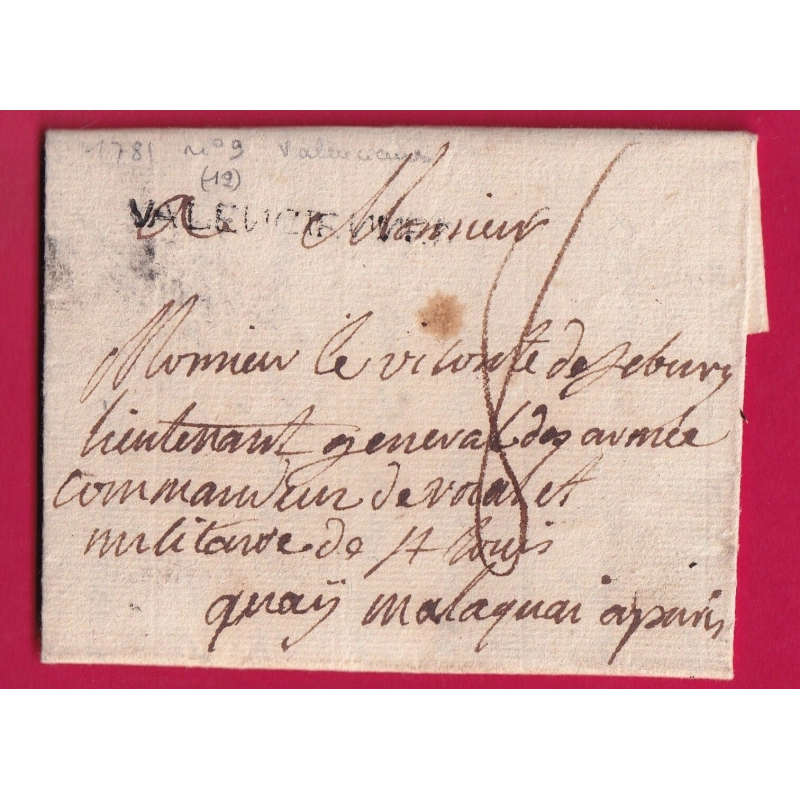 MARQUE VALENCIENNES NORD 1781 LENAIN N°9 POUR PARIS INDICE 12 LETTRE COVER