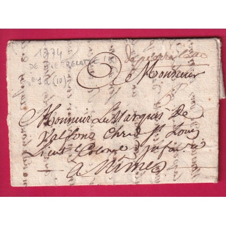 MARQUE MANUSCRIT DE PIERRELATTE DROME 1774 LENAIN N°1A INDICE 10 POUR NIMES GARD LETTRE COVER