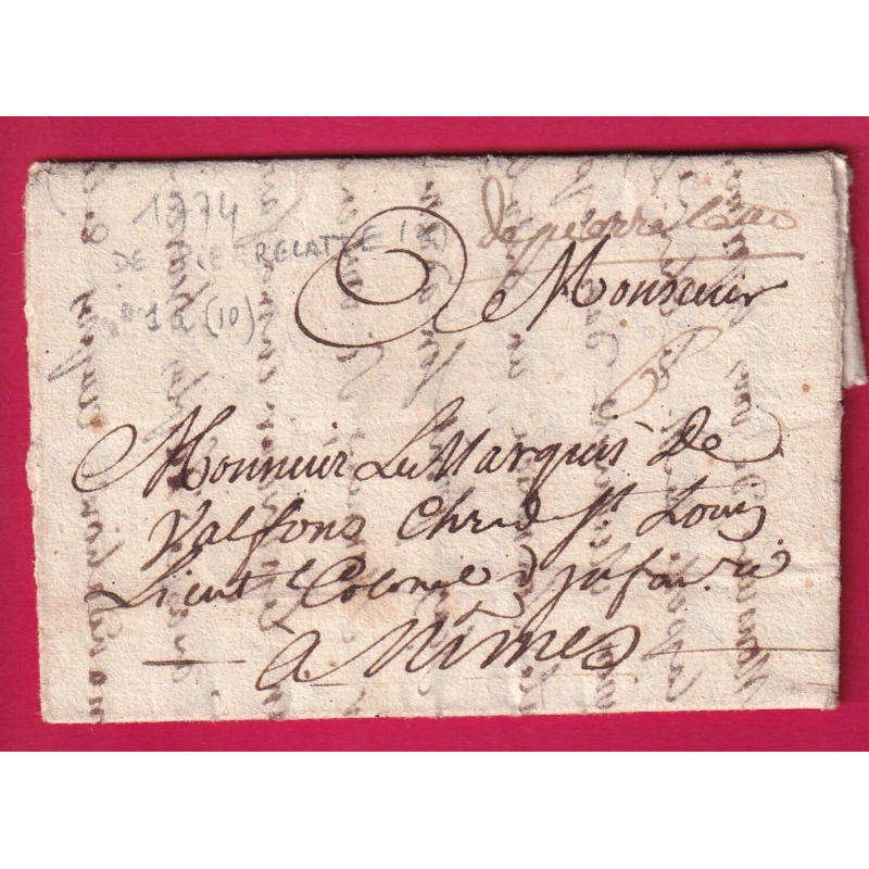 MARQUE MANUSCRIT DE PIERRELATTE DROME 1774 LENAIN N°1A INDICE 10 POUR NIMES GARD LETTRE COVER