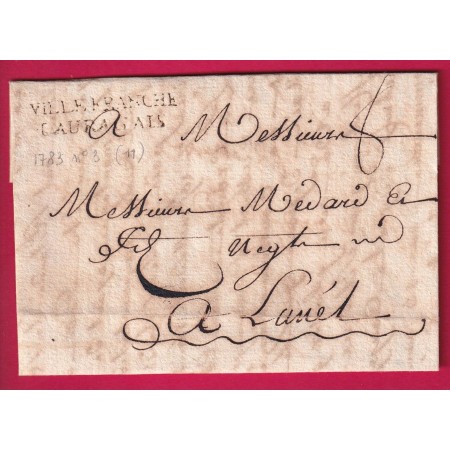 MARQUE VILLEFRANCHE DE LAURAGAIS HAUTE GARONNE 1783 LENAIN N°3 POUR LUNEL HERAULT LETTRE COVER