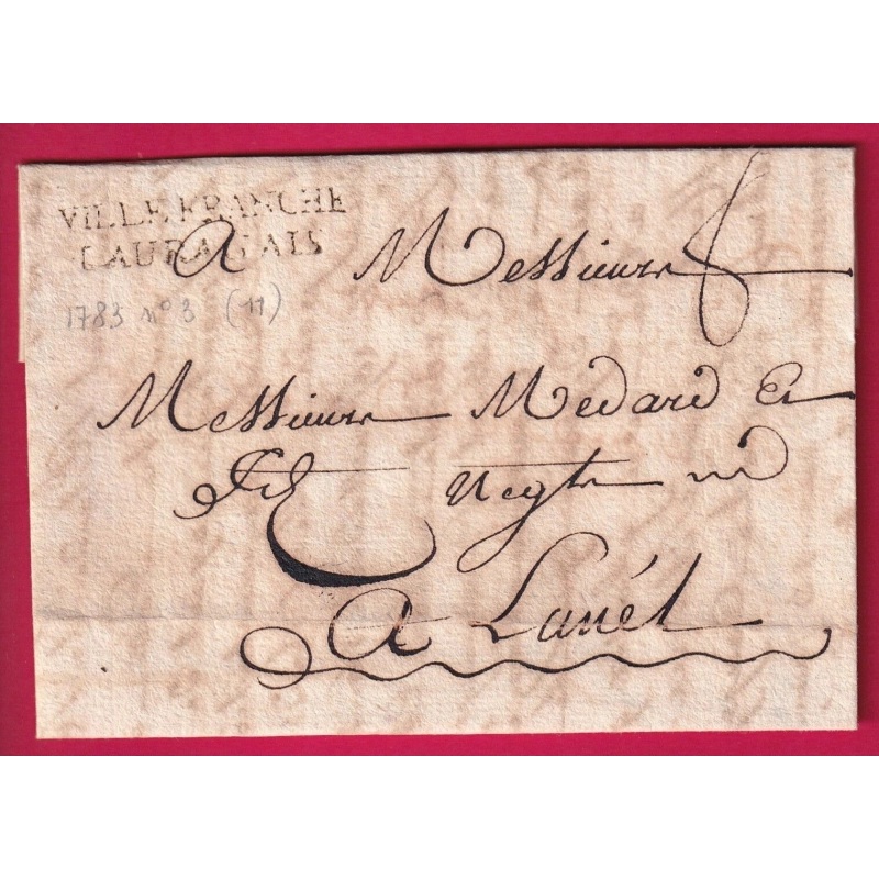 MARQUE VILLEFRANCHE DE LAURAGAIS HAUTE GARONNE 1783 LENAIN N°3 POUR LUNEL HERAULT LETTRE COVER